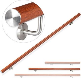 Relaxdays Relaxdays - Pasamanos De Aluminio, Redondo, Interior & Exterior, Estilo De Roble, 150 Cm, &Oslash; 42mm, Soporte, Marr&oacute;n