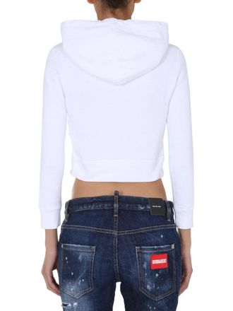 Dsquared2 Cropped Cotton Drawstring Hood Sweatshirt - White