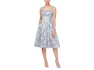 Alex Evenings Midi Length with Square Neckline Womens Dress Silver : 6, Nylon/Polyester