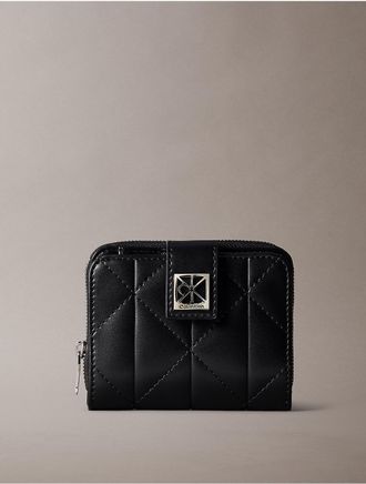 Calvin Klein Womens Quilted Emblem Flap Zip Wallet - Black