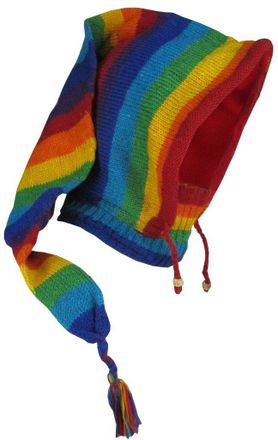 Gheri Woolen Fleece Lined Pixie Pointed Long Snood Hood Neckwarmer Wizard Hat Rainbow Stripy