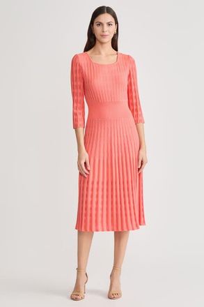 Ming Wang Linear Pointelle Tonal Knit Fit-N-Flare Midi Dress in Sunkist Coral at Nordstrom, Size X-Large
