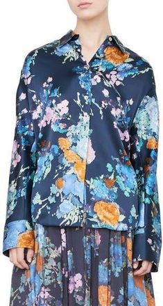 Vince Painted Bouquet Long Sleeve Silk Button-Up Shirt in Coastal at Nordstrom Rack, Size Xx-Small