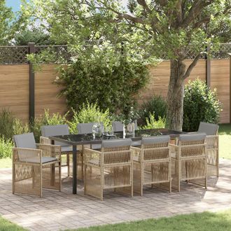 Berkfield Home 9 Piece Garden Dining Set with Cushions Beige Poly Rattan