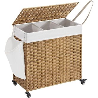 Songmics Cesto Ropa Sucia, Cesta Tejida A Mano, 140 L, Estilo Rat&aacute;n Con 3 Compartimentos, Bolsa Extra&iacute;ble, Tapa, Asas, Montaje F&aacute;cil, Para Sala De Estar, Ba&ntilde;o,