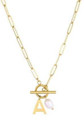 Adornia 18K Gold Plated Pearl & Initial Toggle Pendant Necklace in White/Gold-A at Nordstrom Rack