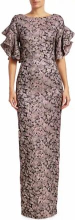 Theia Brocade Ruffle Gown In Dusty Rose