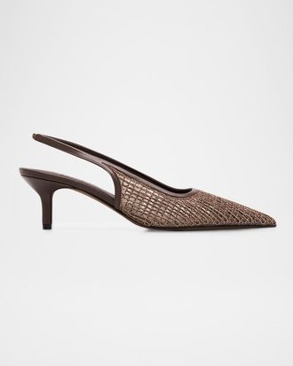 Brunello Cucinelli 55mm Monili Suede-Trimmed Slingback Pumps