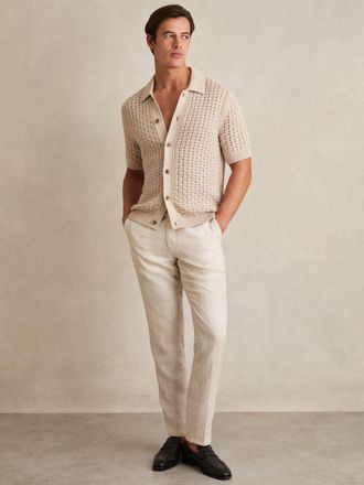 Reiss Stone Basketweave Knit Button Through Cotton Blend Shirt, M