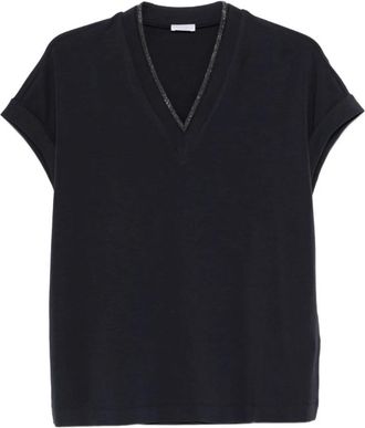 Brunello Cucinelli Brunello Cucinelli, T-Shirts, female, Blue, Size: XL Cotton V-Neck T-Shirt