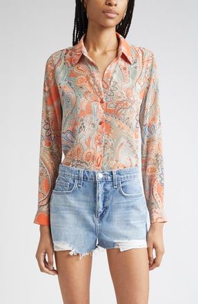 L'agence Laurent Paisley Print Button-Up Shirt in Orange/Light Blue Paisley at Nordstrom, Size Large