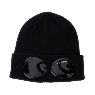 C.P. Company C.p. Company, Accessoires, Heren, Zwart, ONE Size, Katoen, Zwarte Gebreide Beanie met Google Detail aan de Voorkant van Katoen Heren