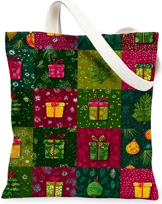 Generic Holiday Gift Canvas Tote Bags, Vintage Christmas Pattern Reusable Grocery Bags, Lightweight Washable Shoulder Strap, Green, 13x15 Inch