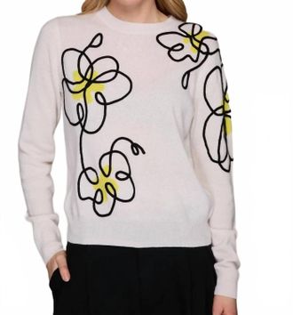 Autumn Cashmere Floral Applique Crew Neck Sweater In Chalk Combo