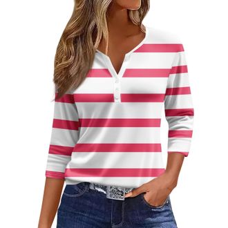 Generic HUIFUAO T Shirts for Women V Neck 3/4 Sleeve T Shirts for Women Striped Color Block T Shirts for Women Loose Fit Summer Basic Tops (Z01 Pink, S)
