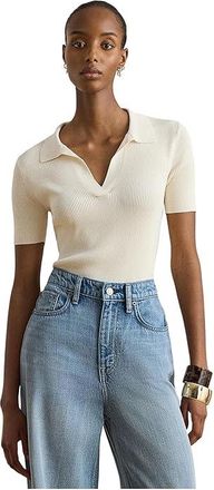Lauren Ralph Lauren Rib-Knit Short-Sleeve Polo Sweater Womens Clothing Mascarpone Cream : MD, Nylon