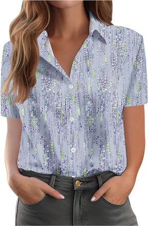 Generic Shirts for Women UK Vintage Floral Print Shirts Causal Turn-Down Collar Short Sleeve Blouse Button Down T-Shirt Loose Fit Comforty Shirt Office Classi