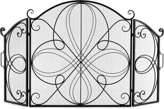 Costway Cosway Salvachispas Plegable Para Chimenea De 151 X 83 Cm, Pantalla De Chimenea De 3 Paneles Con Patr&oacute;n Floral, Valla De Chimenea De Metal Resistente 