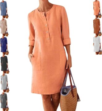 Generic Womens Cotton Linen Button Down Dress,Elegant Formal Work Dress with Pockets (Orange,XL)