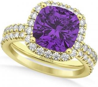 Allurez Amethyst & Diamonds Cushion-Cut Halo Bridal Set 14K Yellow Gold (3.38ct)