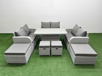 Fimous 8 PCs Rising Dining Table Set Inclining Love Sofa Seat Big Footstool in Light Grey