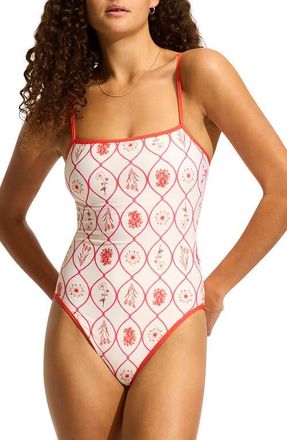 Seafolly Square Neck One-Piece Swimsuit in Flame at Nordstrom, Size 14 Us