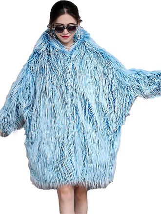 Generic Women Bat Sleeved Loose Hairy Furry Mongolian Sheep Fur Jacket Warm Thick Fur Coat Blue One Size