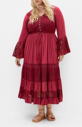 City Chic Dulce Lace Detail Long Sleeve Maxi Dress in Red at Nordstrom, Size Xxl