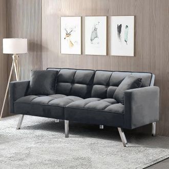 Kosy Koala Sofa Bed 2 Seater Grey Velvet Click Clack Sofa Settee Recliner Couch with Metal Legs with 2 Pillows