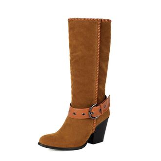 Generic Womens Pull on Slouch Mid-Calf Boots Faux Suede Western Cowboy Boots Mid Chunky Heel Casual Boot with Buckle,Camel,5.5 UK