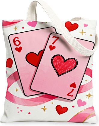 Generic Heart Pattern Canvas Tote Bags, Cute Love Design Reusable Shopping Bags, ValentineS Day Lightweight Washable Shoulder Tote, Peach, 13x15 Inch