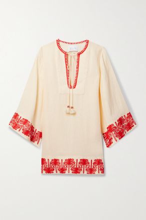 Johanna Ortiz + Net Sustain Abito Mini In Misto Lino Biologico Con Ricami Ocean Clan - Ecru