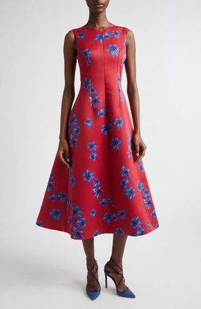 Emilia Wickstead Octavie Festive Lilies Faille Fit & Flare Midi Dress in Festive Lillies - Red Blue at Nordstrom, Size 10 Us