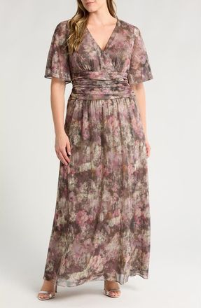 S.L. Fashions Floral Metallic Faux Wrap Maxi Dress in Taupe Multi at Nordstrom, Size 14W