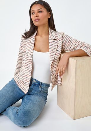 Roman Stripe Textured 3/4 Sleeve Cotton Blend Jacket
