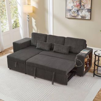 Merax L Shaped Corduroy Convertible Sofa Bed with Storage, Charging Station in Grey