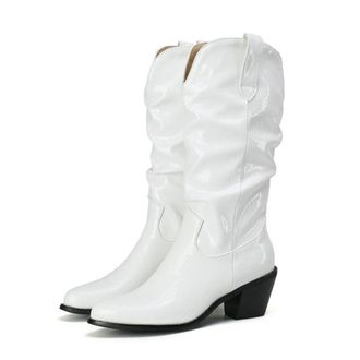 Generic Womens Slouch Western Knee High Boots Round Toe Chunky Mid Heels Dress Pumps Fashion Winter Shoes Pull On (7.5,White)