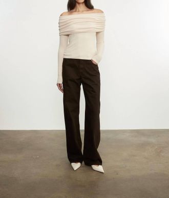 Enza Costa Silk Rib Long Sleeves Off-Shoulder Top In Fawn