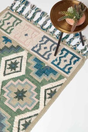 Homescapes Matala Green & Blue Kilim Wool Rug | Size: 160 cm x 230 cm