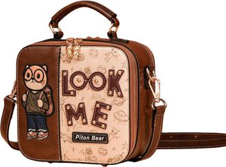 Generic Cartoon Cat Mini Crossbody Bag, Brown and Beige Leather Look Me Design, Fashion Shoulder Handbag with Adjustable Strap