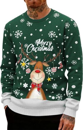 Generic Ugly Christmas Jumpers for Men Crew Neck with Long Sleeves, Warm Cosy Xmas Jumper Funny Christmas Sweater Men Novelty Graphic Reindeer Snowflakes Knit