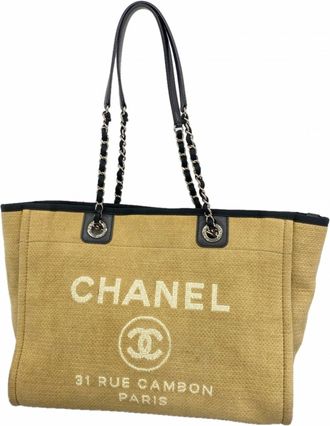Chanel Beige Black Canvas Tote Bag (Pre-Owned)