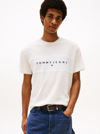 Tommy Jeans T-Shirt TOMMY JEANS TJM REG CBLK LINEAR LOGO TEE, Herren, Gr. L, beige (oat marl htr, ecru), Single Jersey, Obermaterial: 100% Baumwolle, regular fit 