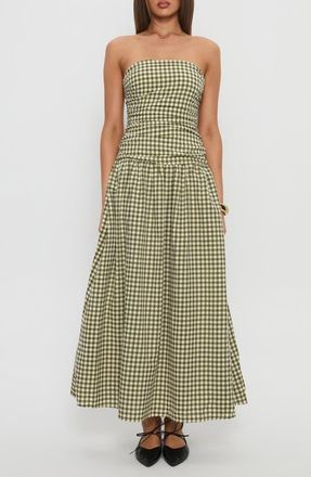 Princess Polly Frankey Strapless Gingham Drop Waist Maxi Dress in Green Check at Nordstrom, Size 0