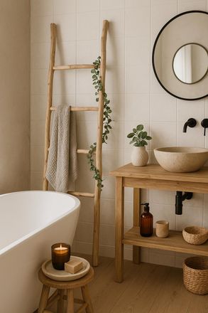 Biscottini International Biscottini - Toallero De Escalera De Madera Moderno Para Ba&ntilde;o Suelo, De Pie, Escalera Decorativa A Pared, Escalera, Colgador De Toallas