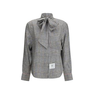 Thom Browne Womens Plaid Tieneck Long Sleeve Blouse - Light Grey Silk - Size EU 34 (Womens)