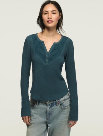 Lucky Brand Womens Lace Trim Mix Henley