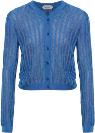 Versace Viscose Mesh Ribbed Knit Cardigan - Dames - Vesten - Blauw - S - Leer - Truien & Vesten