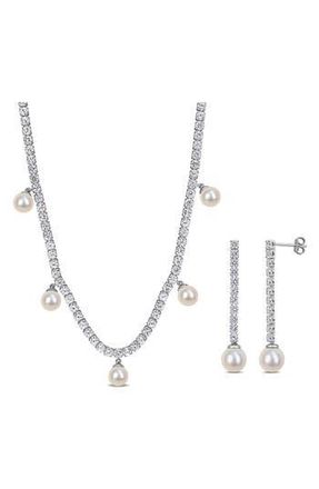 Delmar Lab Grown White Sapphire & Cultured Pearl Tennis Necklace & Earrings Set in Off White at Nordstrom Rack