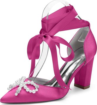 Generic Bridal Wedding Shoes Womens Chunky Heels Closed Toe Pointed Toe Heels with Bow and Crystal Pearl 8.5Cm,Fuchsia,10 UK